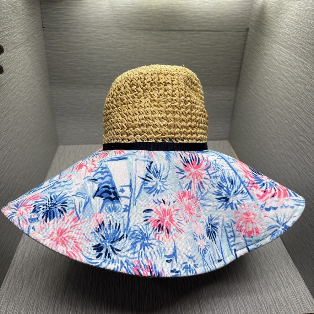 Lilly Pulitzer Straw Wide Brim Sun Hat Tropical Floral Print Pink Blue One Size